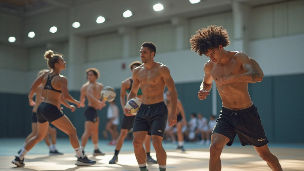 Athletes performing conditioning exercises and fitness training for volleyball performance