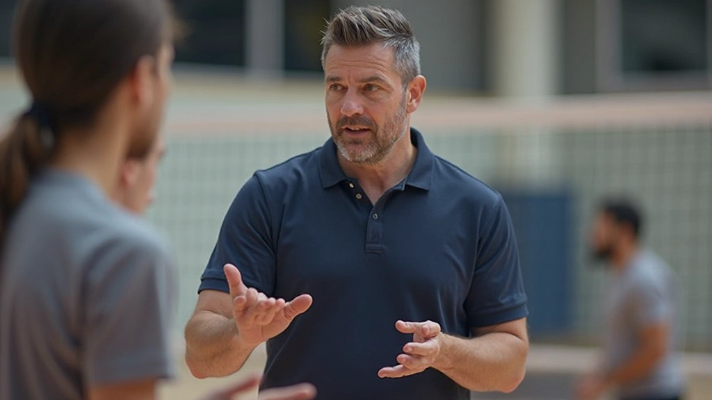 Coach instructing players on fundamental volleyball passing techniques during training session
