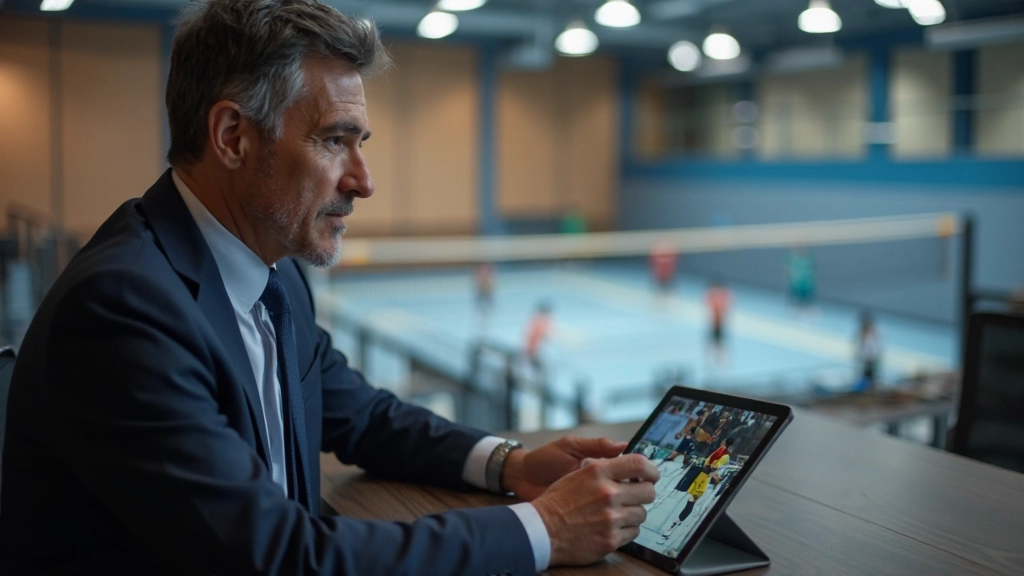 Coach analyzing match statistics and opponent strategy using video analysis on tablet device