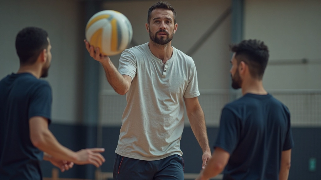 Coach demonstrating proper volleyball serving technique to players during training session