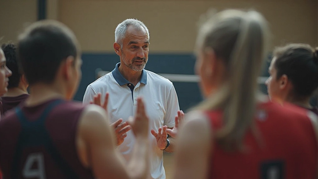 Coach demonstrating fundamental volleyball technique to young athletes