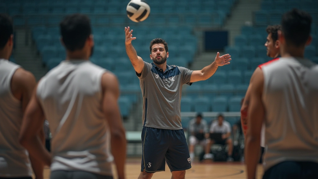 Professional volleyball coach demonstrating proper technique to athletes during team training session
