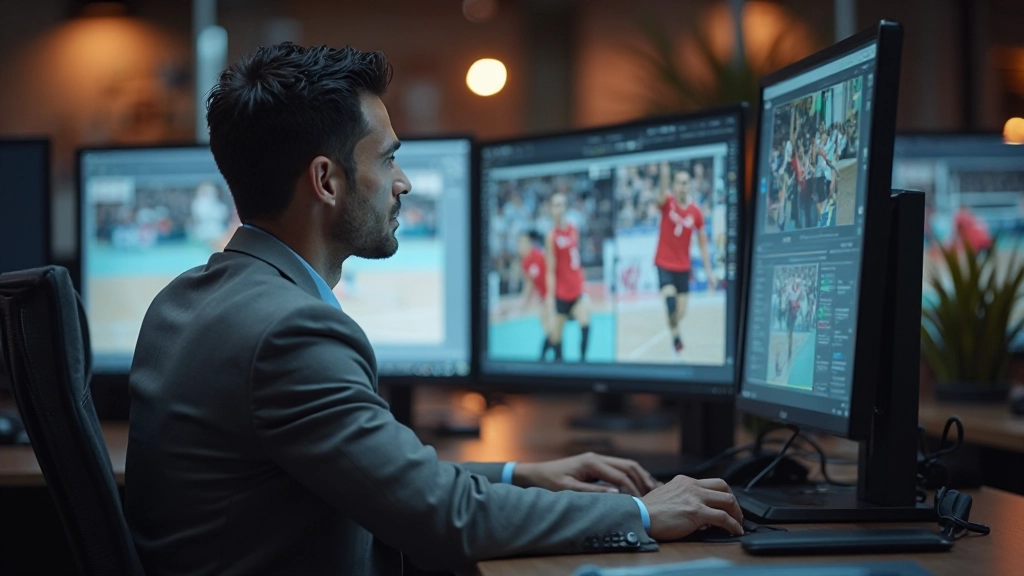 Sports analyst reviewing match video footage and performance data on multiple screens