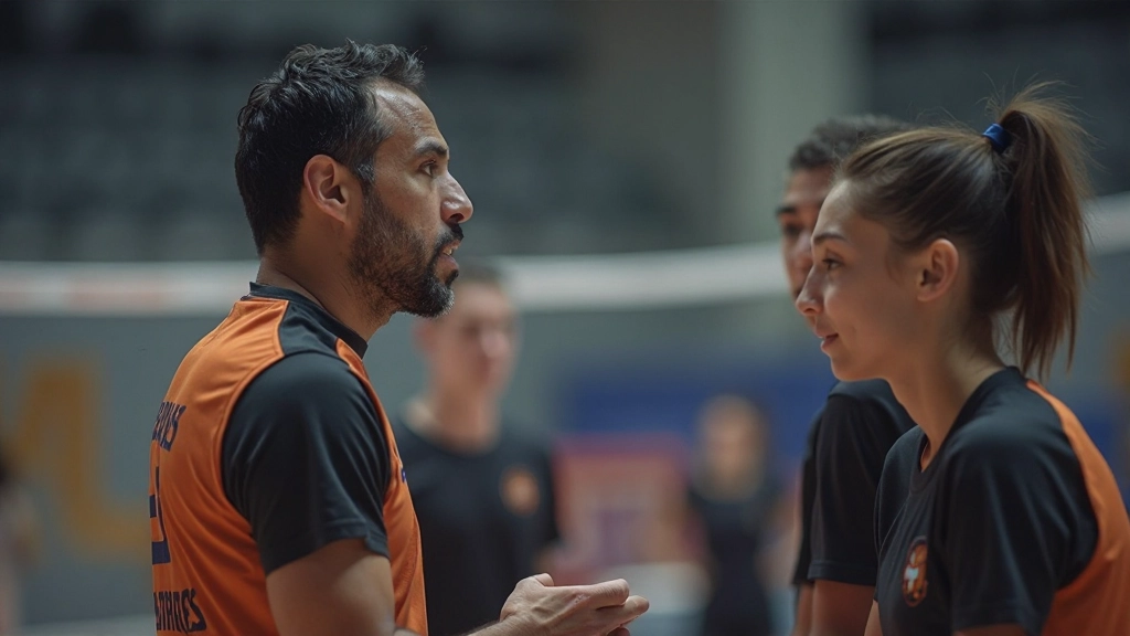 Professional volleyball training session with coach and team athletes on indoor court